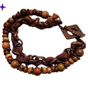 Boho fabric twisted chain and beaded bronze bracelet toggle hook